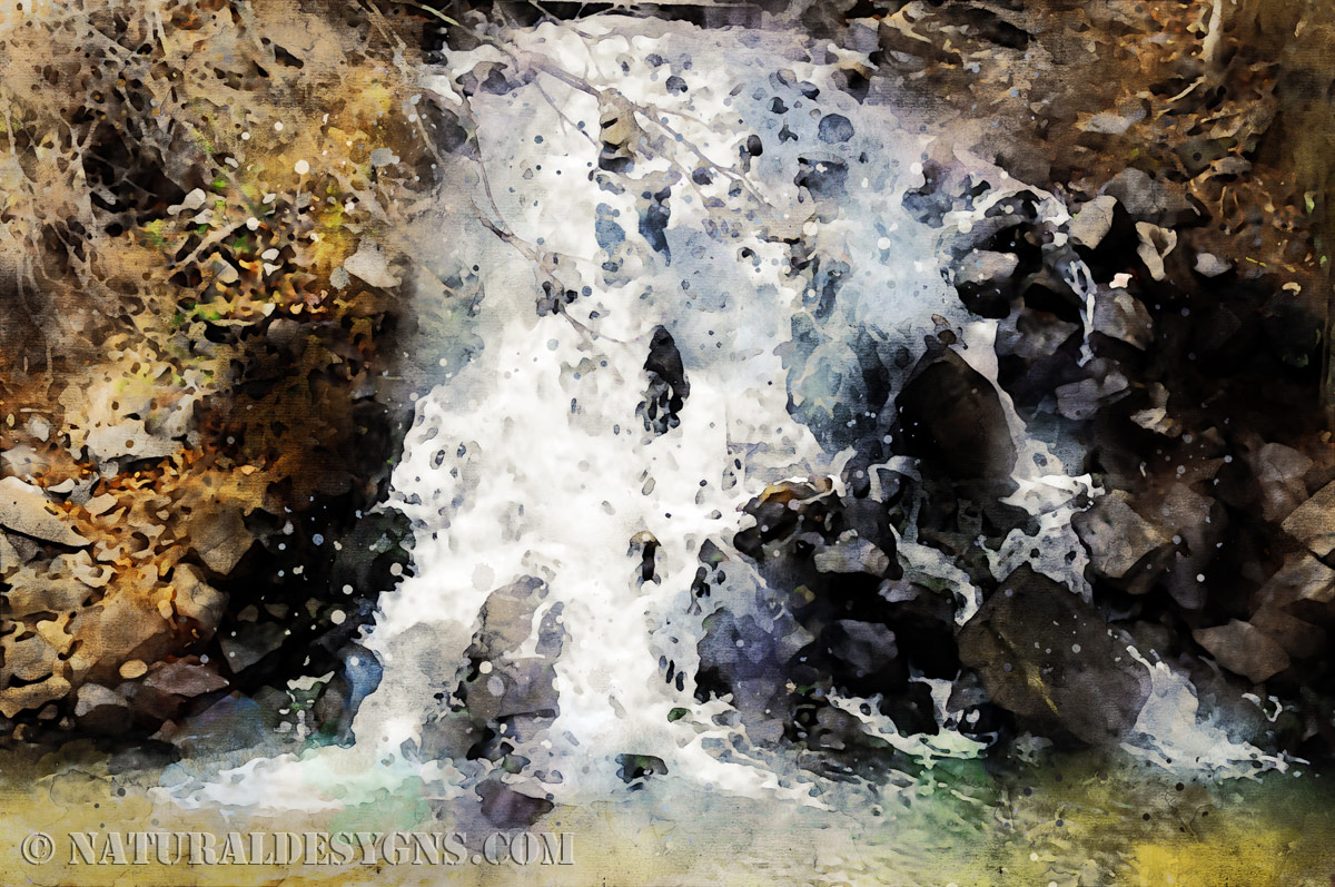 Water cascading over rocks into a pool below, rendered in watercolor