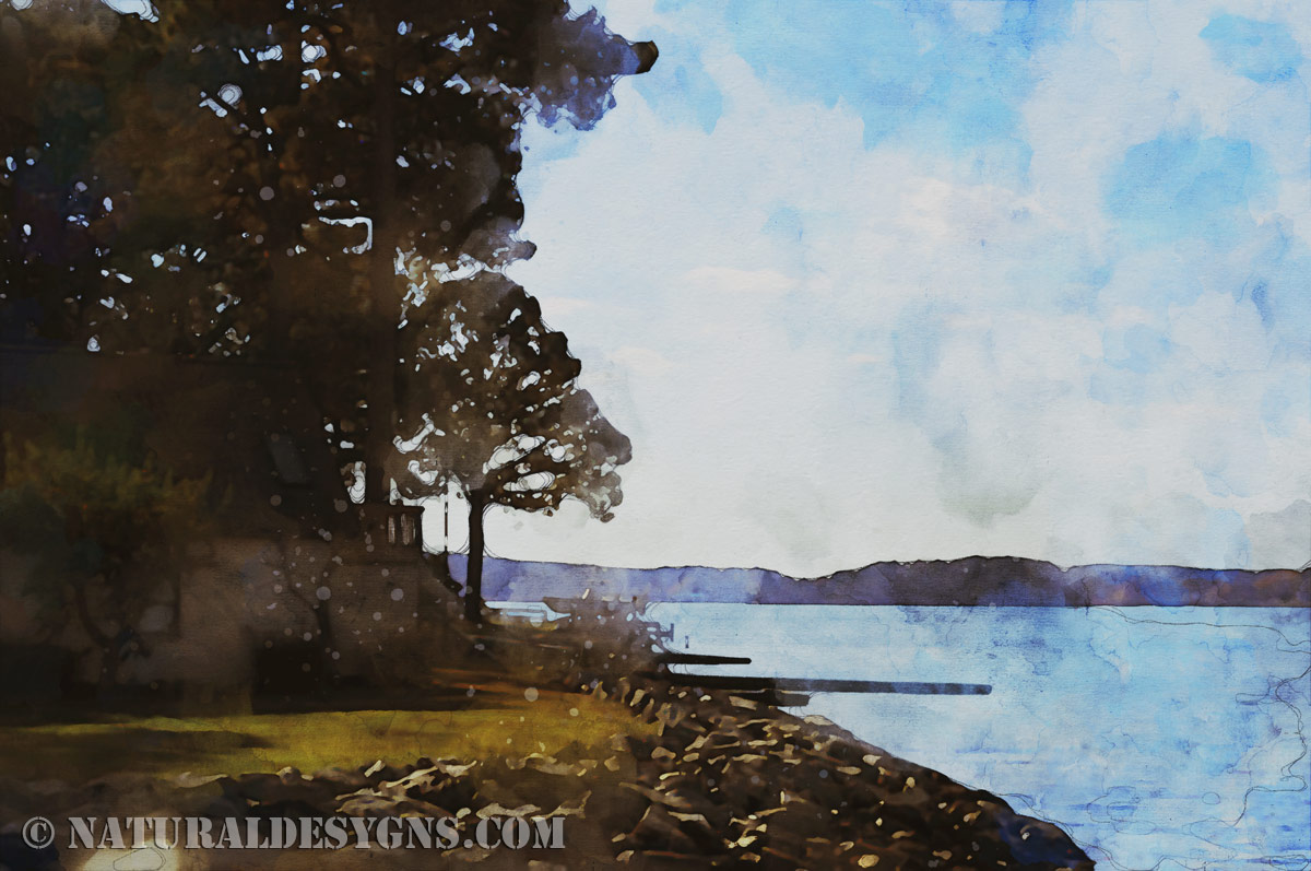 A clearer view of the shoreline, the stones lining the water's edge more distinct, with docks jutting out into the calm expanse, rendered in watercolor.