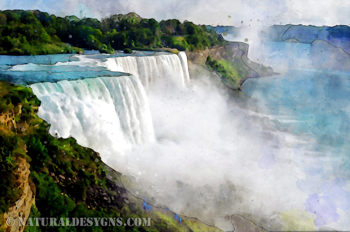 The iconic waterfall and its billowing mist clouds viewed from an observation deck, rendered in watercolor