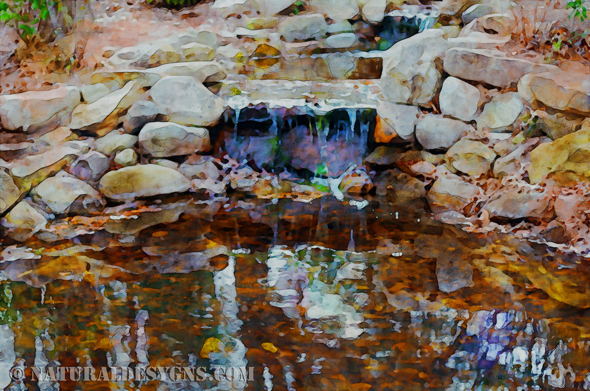A waterfall spills quietly into a pool below, the motion softened into stillness by the watercolor medium.