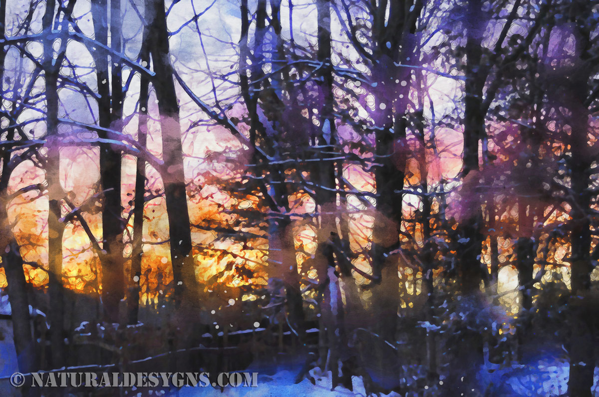 Layered ridgelines dusted with snow fading into the distance beneath a colorful winter sunset, rendered in watercolor.